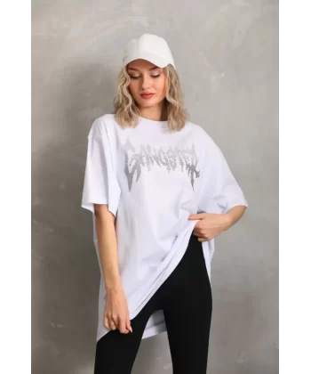 Unisex Taş Desenli Oversize T-Shirt - Beyaz