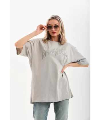 Unisex Taş Desenli Oversize T-Shirt - Gri