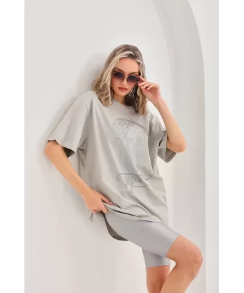 Unisex Taş Desenli Oversize T-Shirt - Gri