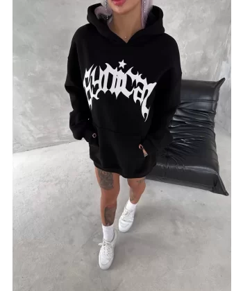 Unisex Üç İplik Kapüşonlu Baskılı SweatShirt - Siyah