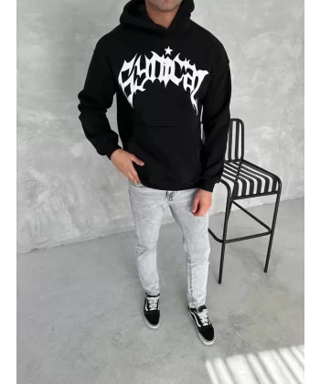 Unisex Üç İplik Kapüşonlu Baskılı SweatShirt - Siyah