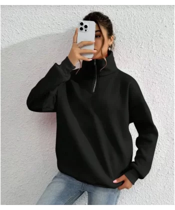 Unisex Uzun Kol Yarım Farmuarlı Yakalı Basic SweatShirt - Siyah