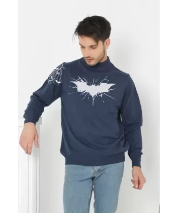 Unisex Yarım Boğazlı Baskılı Dokuma Triko -Indigo