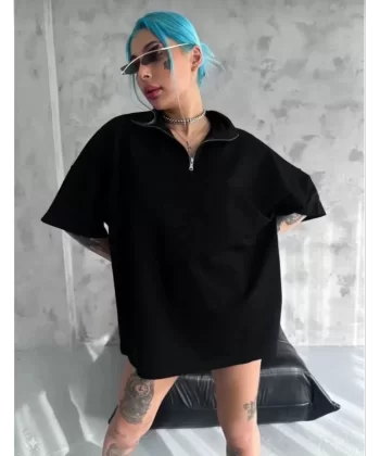 Unisex Yarım Fermuarlı Düz Oversize T-Shirt - Siyah