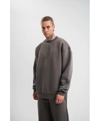 Uzun Kol Bisiklet Yaka Basic SweatShirt - Füme