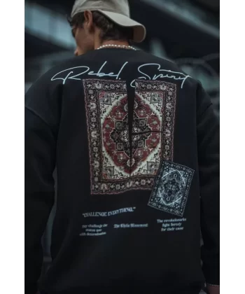 Uzun Kol Bisiklet Yaka Baskılı SweatShirt - Siyah