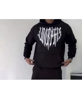 Uzun Kol Kapşonlu Baskılı SweatShirt - Siyah