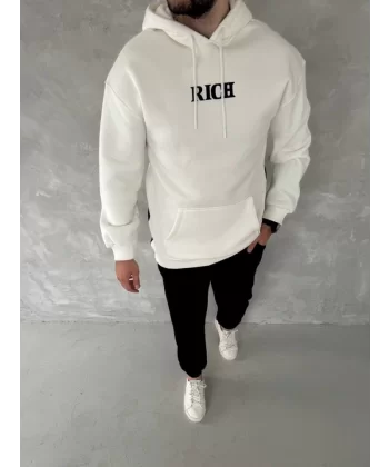 Uzun Kol Kapşonlu Göğüs Baskılı SweatShirt - Beyaz