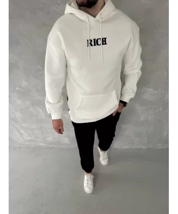 Uzun Kol Kapüşonlu Göğüs Baskılı SweatShirt - Beyaz