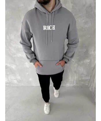 Uzun Kol Kapüşonlu Göğüs Baskılı SweatShirt - Gri