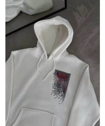 Uzun Kol Kapşonlu Ön Ve Arka Baskılı SweatShirt - Beyaz