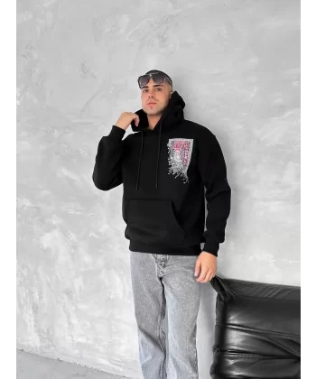 Uzun Kol Kapüşonlu Ön Ve Arka Baskılı SweatShirt - Siyah