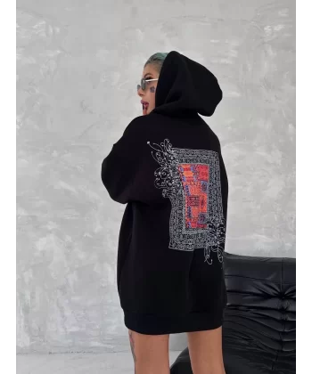 Uzun Kol Kapüşonlu Ön Ve Arka Baskılı SweatShirt - Siyah