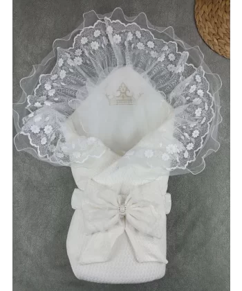 Yenidoğan Kumru Soft Cotton Taç Nakışlı Trilüks Kundak Bebek Battaniyesi