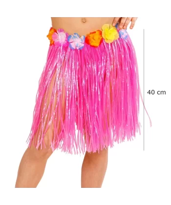 Yetişkin Ve Çocuk Uyumlu Pembe Renk Püsküllü Hawaii Luau Hula Etek 40 Cm