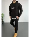 Erkek Sırt Baskılı Oversize Üç İplik Kapüşonlu Sweatshirt - Siyah