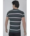 Erkek Yakalı Slim Fit Dokuma Çizgili T-Shirt - Haki