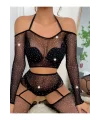 Kadın Göğüs Dekolteli Taşlı Jartiyer Bodysuit Vucut Çorabı