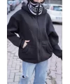 Samuray Kapşonlu ZIP Fermuarlı Çift Kapşonlu Nakışlı SweatShirt- Siyah