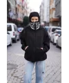 Samuray Kapşonlu ZIP Fermuarlı Çift Kapşonlu Nakışlı SweatShirt- Siyah