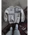 Üç İplik Desenli Bisiklet Yaka Oversize SweatShirt - Beyaz