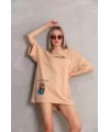 Unisex Bisiklet Yaka Baskılı Oversize T-Shirt - Bej