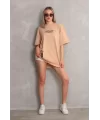 Unisex Bisiklet Yaka Baskılı Oversize T-Shirt - Bej