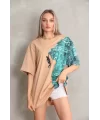 Unisex Bisiklet Yaka Baskılı Oversize T-Shirt - Bej