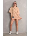 Unisex Bisiklet Yaka Baskılı Oversize T-Shirt - Bej