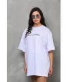 Unisex Bisiklet Yaka Baskılı Oversize T-Shirt - Beyaz