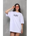 Unisex Bisiklet Yaka Baskılı Oversize T-Shirt - Beyaz