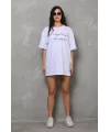 Unisex Bisiklet Yaka Baskılı Oversize T-Shirt - Beyaz