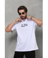 Unisex Bisiklet Yaka Baskılı Oversize T-Shirt - Beyaz