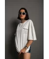 Unisex Bisiklet Yaka Baskılı Oversize T-Shirt - Beyaz