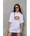 Unisex Bisiklet Yaka Baskılı Oversize T-Shirt - Beyaz