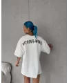 Unisex Bisiklet Yaka Baskılı Oversize T-Shirt - Beyaz