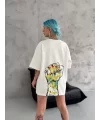 Unisex Bisiklet Yaka Baskılı Oversize T-Shirt - Beyaz