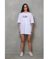 Unisex Bisiklet Yaka Baskılı Oversize T-Shirt - Beyaz