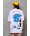 Unisex Bisiklet Yaka Baskılı Oversize T-Shirt - Beyaz