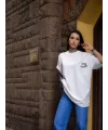 Unisex Bisiklet Yaka Baskılı Oversize T-Shirt - Beyaz