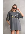 Unisex Bisiklet Yaka Baskılı Oversize T-Shirt - Gri