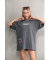 Unisex Bisiklet Yaka Baskılı Oversize T-Shirt - Gri