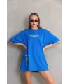 Unisex Bisiklet Yaka Baskılı Oversize T-Shirt - Mavi