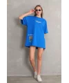 Unisex Bisiklet Yaka Baskılı Oversize T-Shirt - Mavi