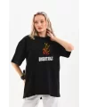 Unisex Bisiklet Yaka Baskılı Oversize T-Shirt - Siyah