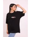 Unisex Bisiklet Yaka Baskılı Oversize T-Shirt - Siyah