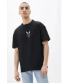 Unisex Bisiklet Yaka Baskılı Oversize T-Shirt - Siyah