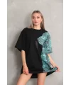 Unisex Bisiklet Yaka Baskılı Oversize T-Shirt - Siyah