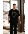 Unisex Bisiklet Yaka Baskılı Oversize T-Shirt - Siyah