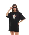 Unisex Bisiklet Yaka Baskılı Oversize T-Shirt - Siyah